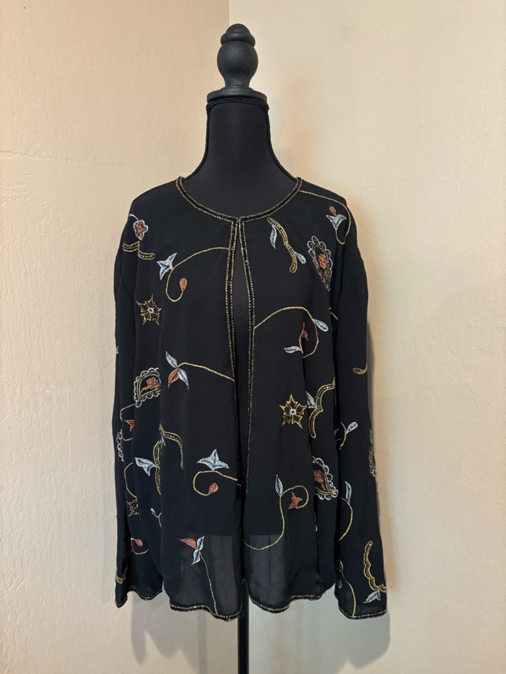 Vintage Indigo Moon Black Cardigan w/ Paisley Floral Beadwork, Size 3X